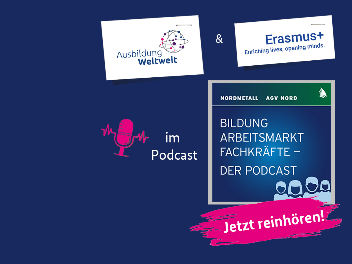 Die Logos von AusbildungWeltweit und Erasmus+ links auf dem Bild auf kleinen weißen Kärtchen, rechts Teaserbild des Podcasts mit Beschriftung"Bildung Arbeitsmarkt Fachkräfte - der Podcast". Unten Rechts Call to Action: Jetzt reinhören!